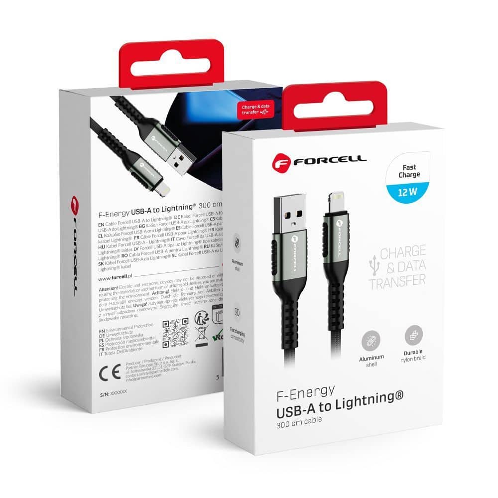 FORCELL F-ENERGY C257 cable USB A to Lightning 2,4A 12W Cafule 3 m black FORCELL F-ENERGY C257 cable USB A to Lightning 2,4A 12W Cafule 3 m black - Image 1