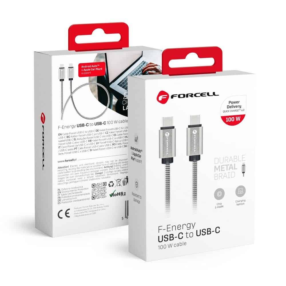 FORCELL F-ENERGY Metal C239 cable Type C to Type C PD QC4.0 5A 100W E-mark 1 m silver FORCELL F-ENERGY Metal C239 cable Type C to Type C PD QC4.0 5A 100W E-mark 1 m silver - Image 1