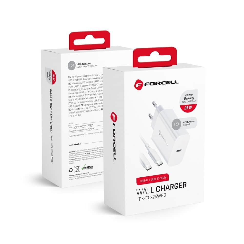 FORCELL F-ENERGY TFK-TC-25WPD travel charger Type C + cable Type C to Type C PD Q.C 3A 25W white FORCELL F-ENERGY TFK-TC-25WPD travel charger Type C + cable Type C to Type C PD Q.C 3A 25W white - Image 1