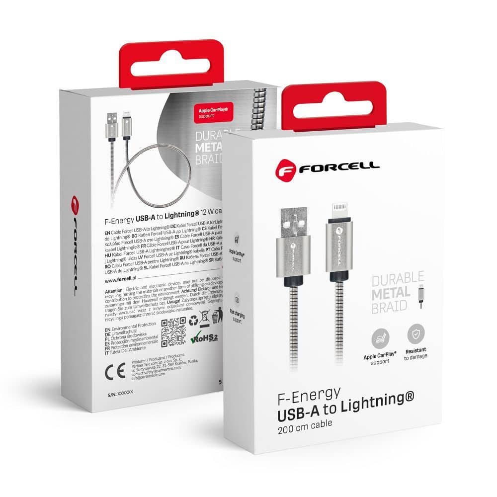 FORCELL F-ENERGY Metal C236 cable USB A to Lightning 2,4A 12W 2 m silver FORCELL F-ENERGY Metal C236 cable USB A to Lightning 2,4A 12W 2 m silver - Image 1
