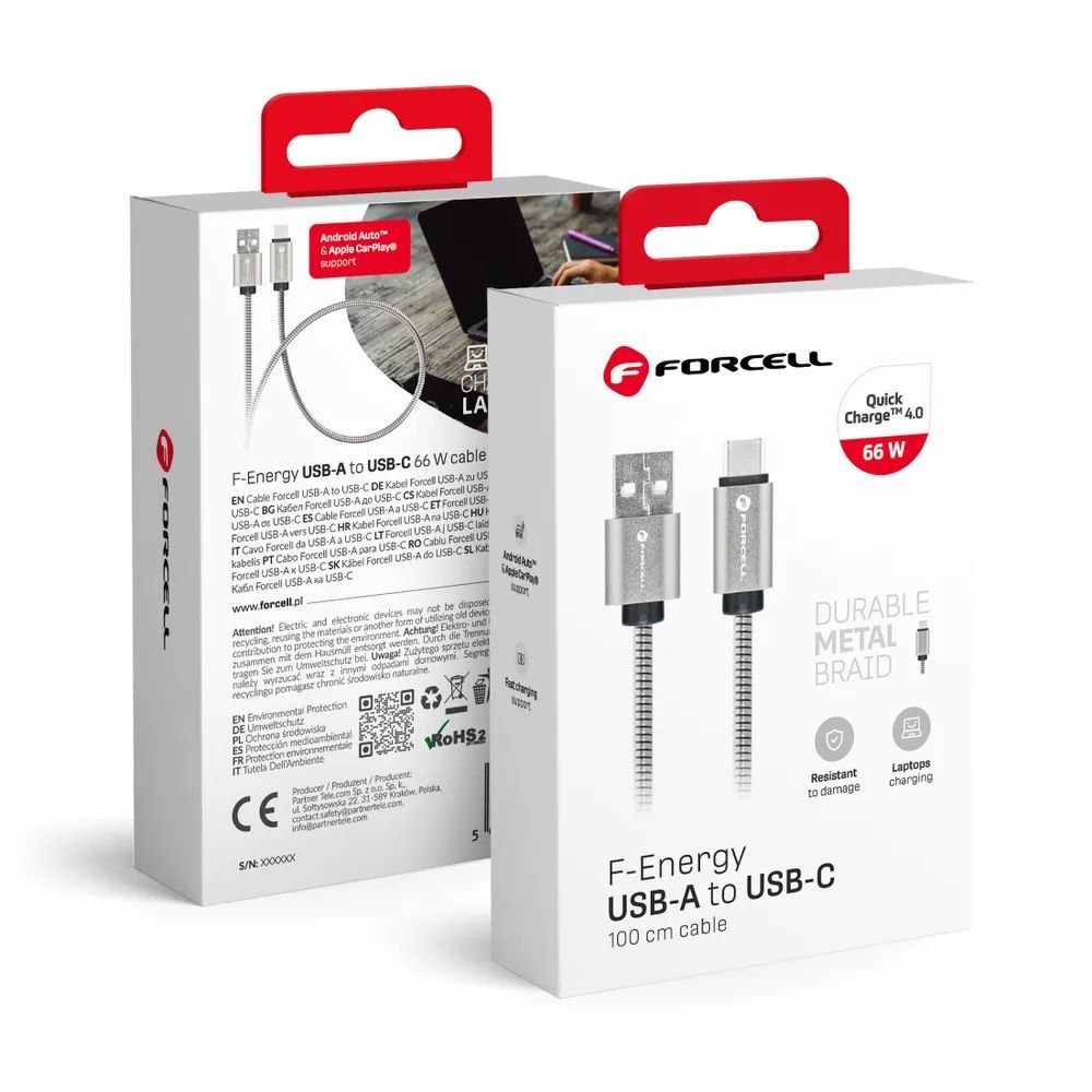 Cable USB A to USB C Forcell F-Energy QC4.0 3A 66W Metal 1 m C234 silver Cable USB A to USB C Forcell F-Energy QC4.0 3A 66W Metal 1 m C234 silver - Image 1