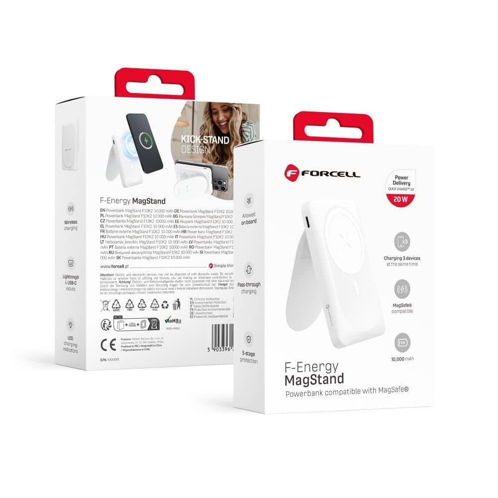 FORCELL F-ENERGY F10K2 MagStand powerbank compatible with MagSafe PD QC3.0 5A 20W 10000 mAh white FORCELL F-ENERGY F10K2 MagStand powerbank compatible with MagSafe PD QC3.0 5A 20W 10000 mAh white - Image 1