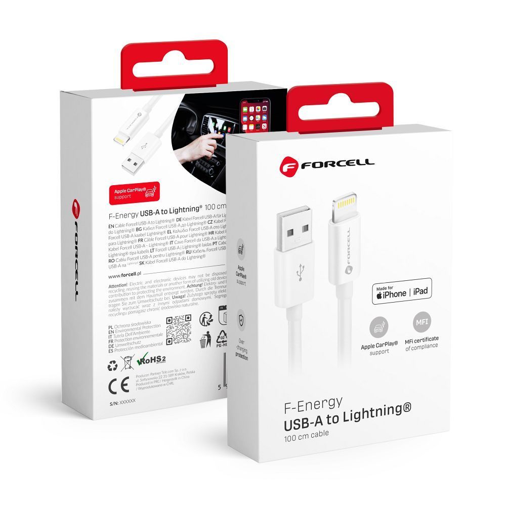 FORCELL F-ENERGY C703 cable USB A to Lightning MFi 2,4A 12W 1 m white - Image 1