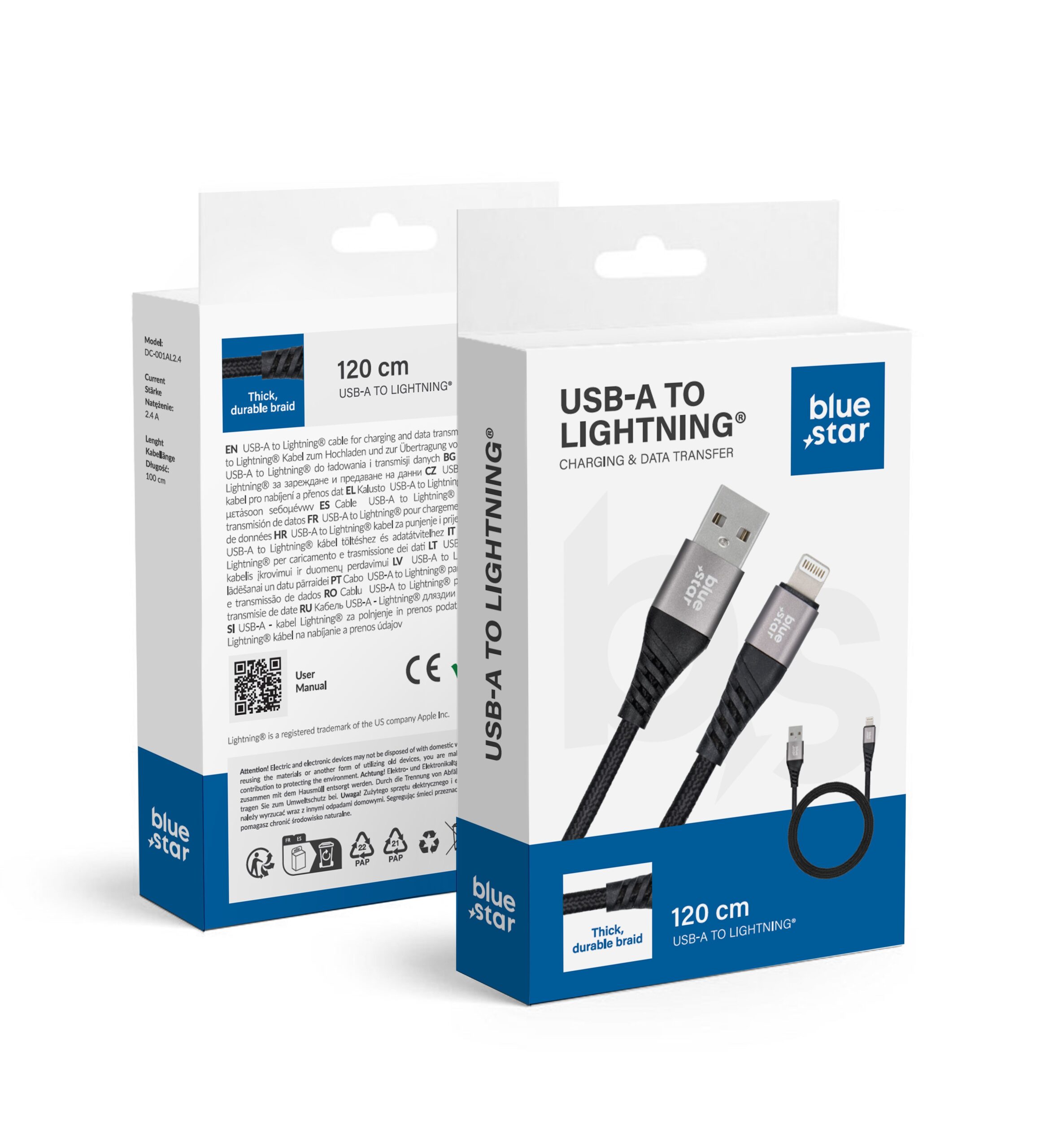 BLUE STAR braided cable 2,4A USB A to Lightning TFK-DC-003 1,2 m black - Image 1