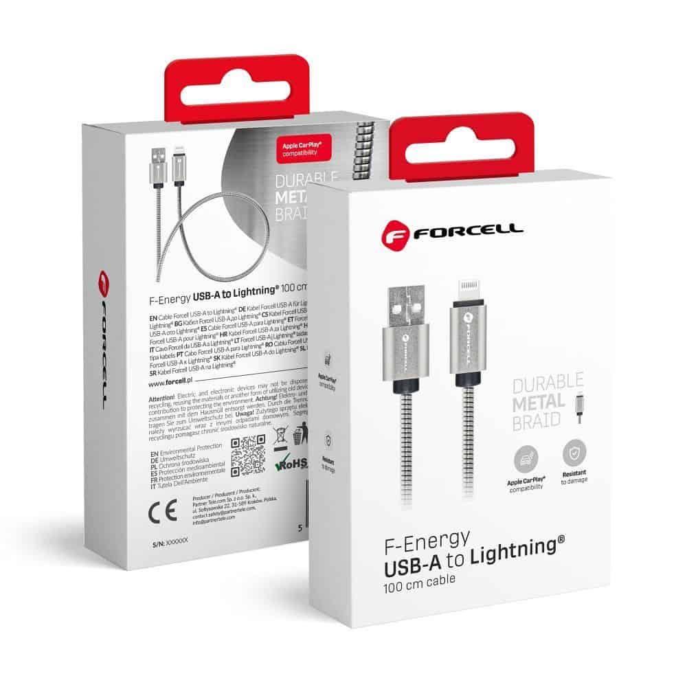 FORCELL F-ENERGY Metal C236 cable USB A to Lightning 2,4A 12W 1 m silver FORCELL F-ENERGY Metal C236 cable USB A to Lightning 2,4A 12W 1 m silver - Image 1