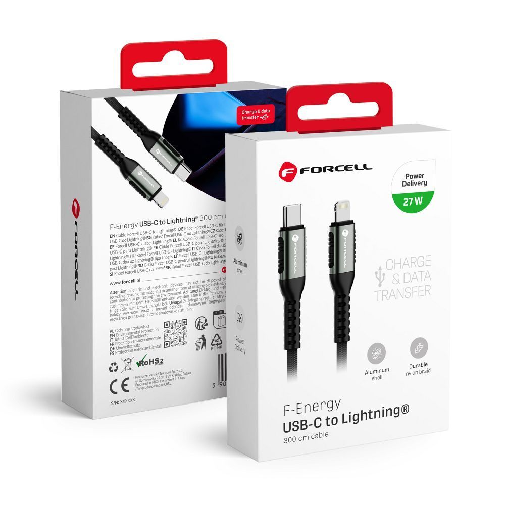 Cable USB C to Lightning Forcell F-Energy PD 3A 27W Cafule 3 m C259 black FORCELL F-ENERGY C259 cable Type C to Lightning PD 3A 27W Cafule 3 m black - Image 1