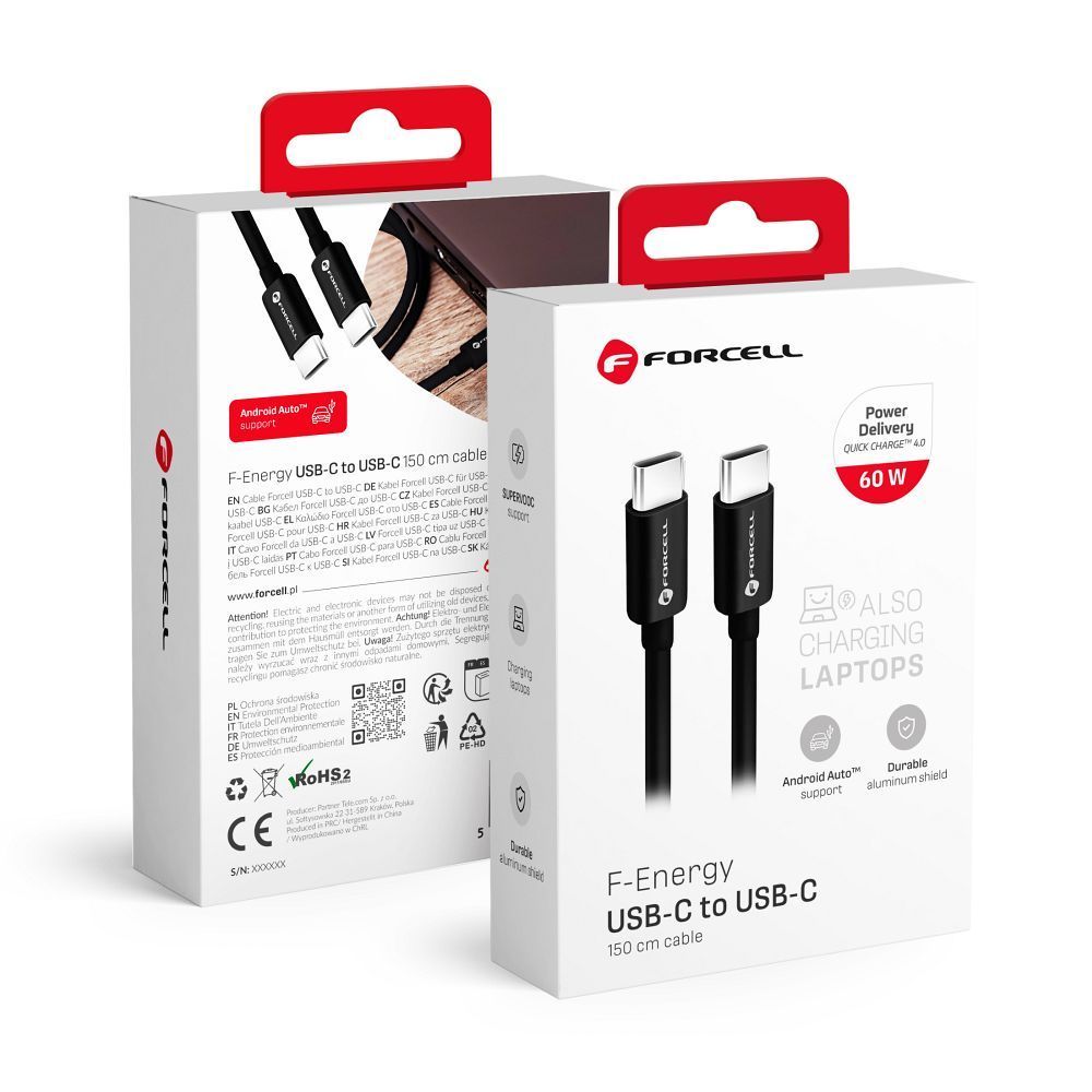 FORCELL F-ENERGY C338 cable Type C to Type C PD QC4.0 3A 60W 1,5 m black - Image 1