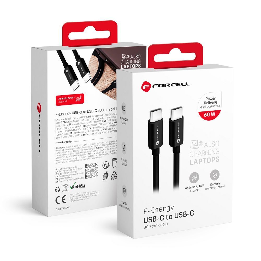 FORCELL F-ENERGY C338 cable Type C to Type C PD QC4.0 3A 60W 3 m black - Image 1