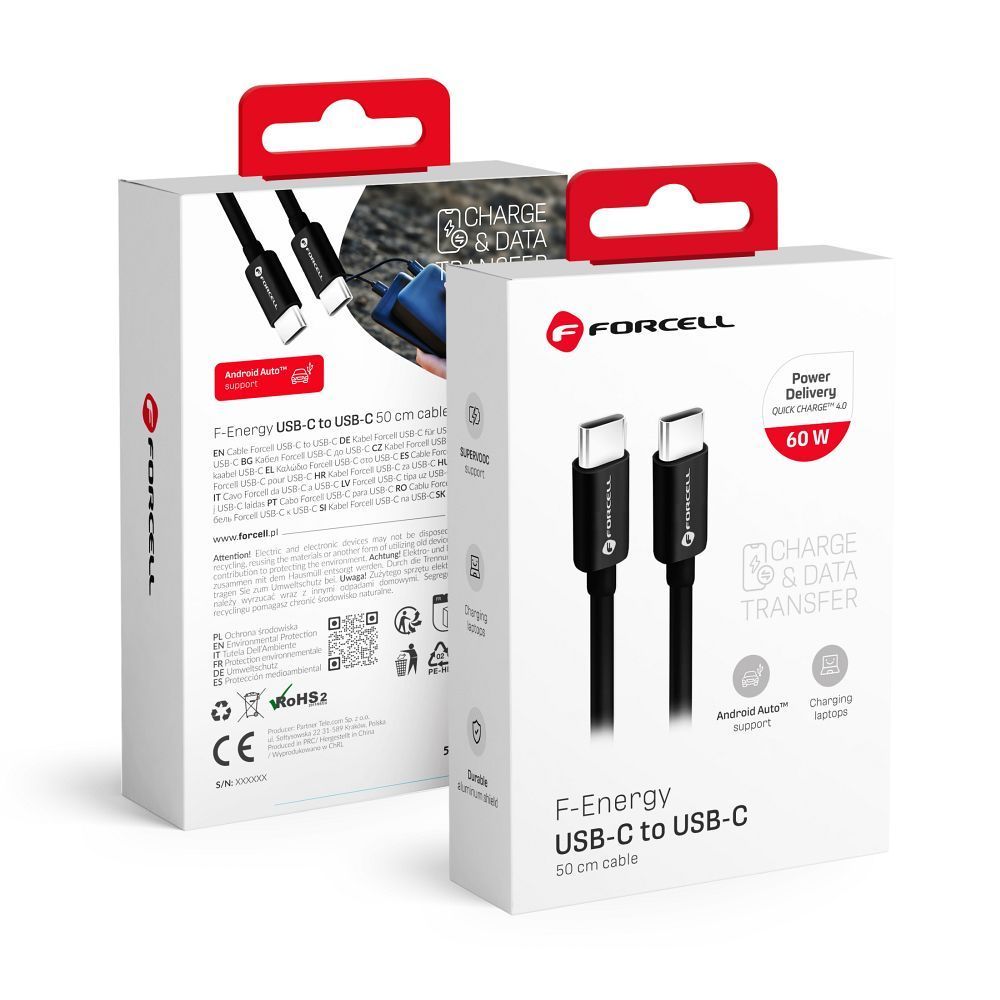 FORCELL F-ENERGY C338 cable Type C to Type C PD QC4.0 3A 60W 0,5 m black - Image 1