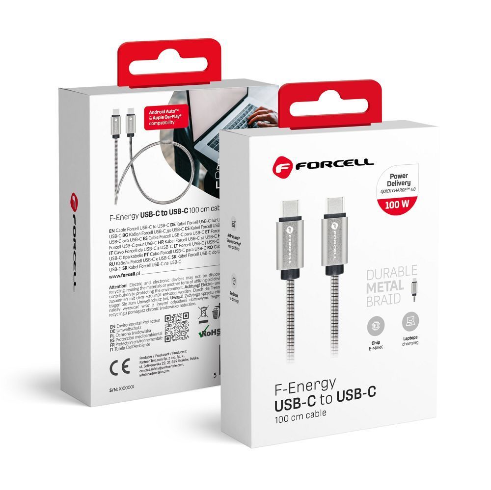 FORCELL F-ENERGY Metal C239 cable Type C to Type C PD QC4.0 5A 100W E-mark 1 m silver - Image 1