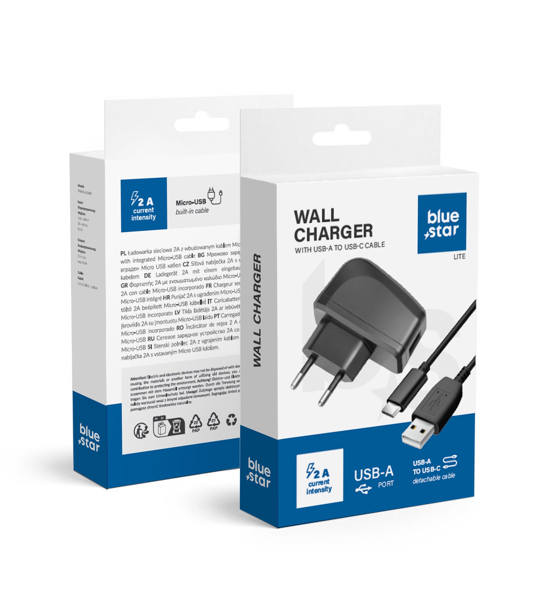 BLUE STAR LITE travel charger 2A 10W USB A + cable USB A to Type C TFK-TC-1095B black - Image 1