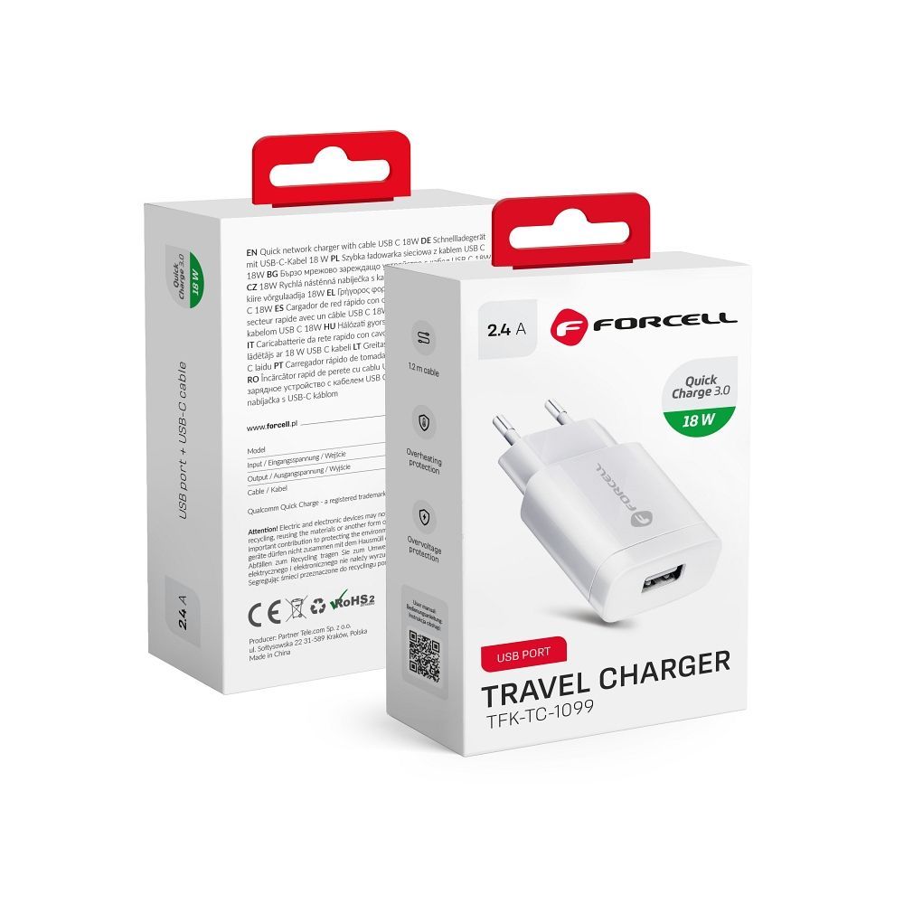 FORCELL F-ENERGY TFK-TC-1099 travel charger USB A QC3.0 2,4A 18W white - Image 1