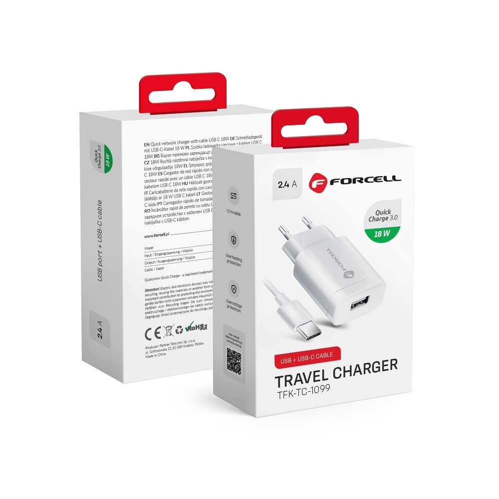FORCELL F-ENERGY TFK-TC-1099 travel charger USB A + cable USB A to Type C QC3.0 2,4A 18W white - Image 1