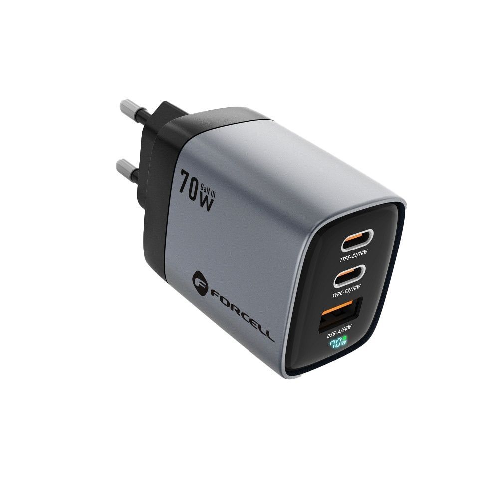 FORCELL F-ENERGY GaN III VT-37 travel charger with display LCD 2 x Type C + USB A PD QC4.0 Samsung SFC2.0 3,45A 70W gray - Image 2