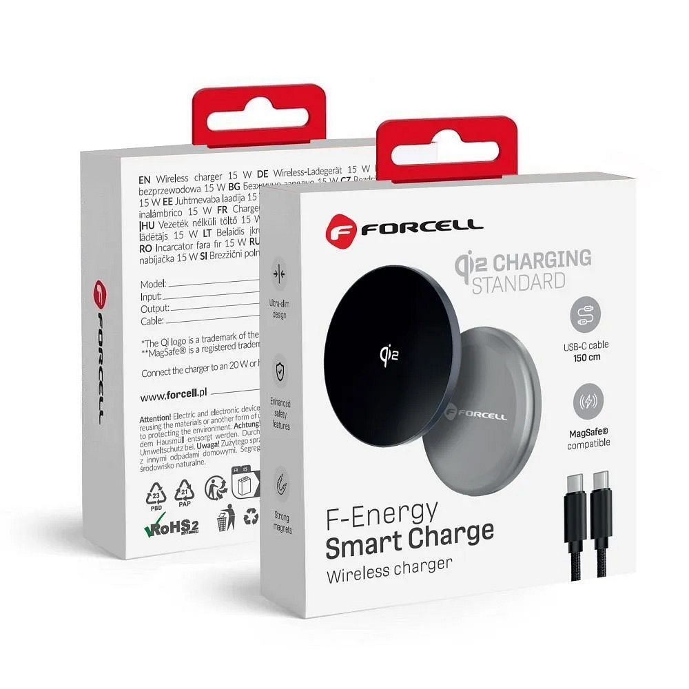 FORCELL F-ENERGY Smart Charge Qi2 15W wireless charger with 150cm detachable cable compatible with MagSafe silver - Image 1