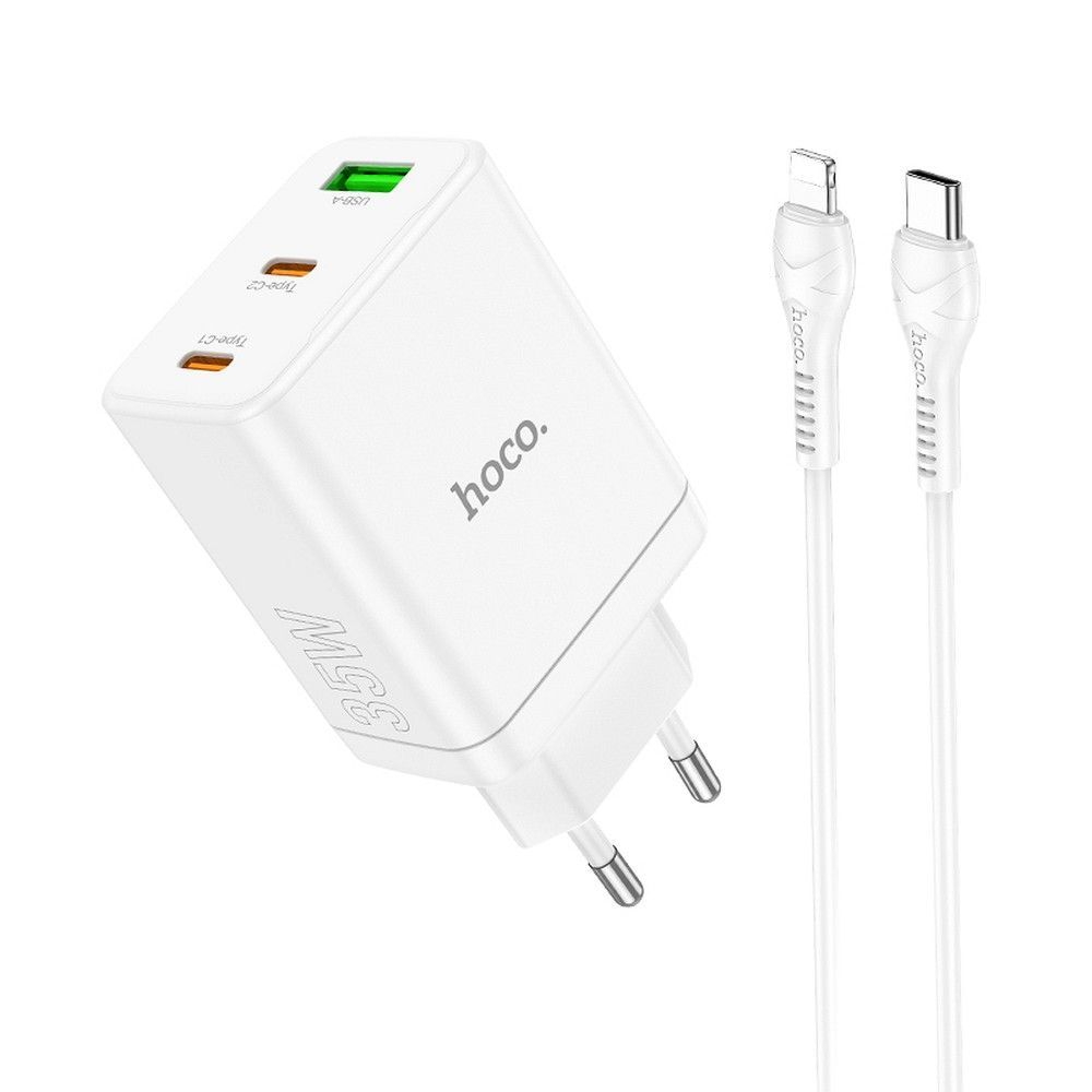 Phone charger Hoco 2 x USB C + USB A QC3.0 PD 3A 35W + cable USB C to Lightning N33 white HOCO charger 2 x Type C + USB A + cable Type C to Lightning PD QC3.0 3A 35W N33 white - Image 1