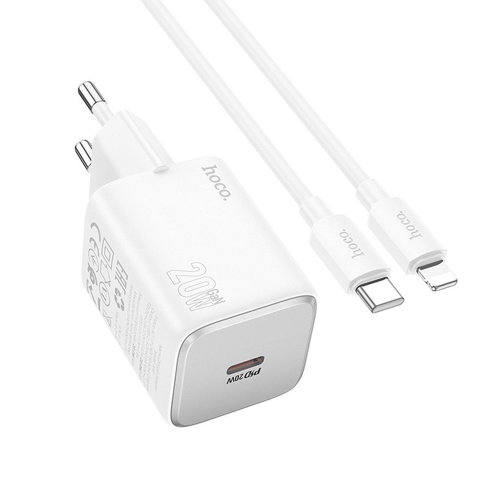 Phone charger Hoco USB C QC PD 20W + cable USB C to Lightning N40 white HOCO wall charger Type C + cable Type C to Lightning QC PD 20W N40 white - Image 1