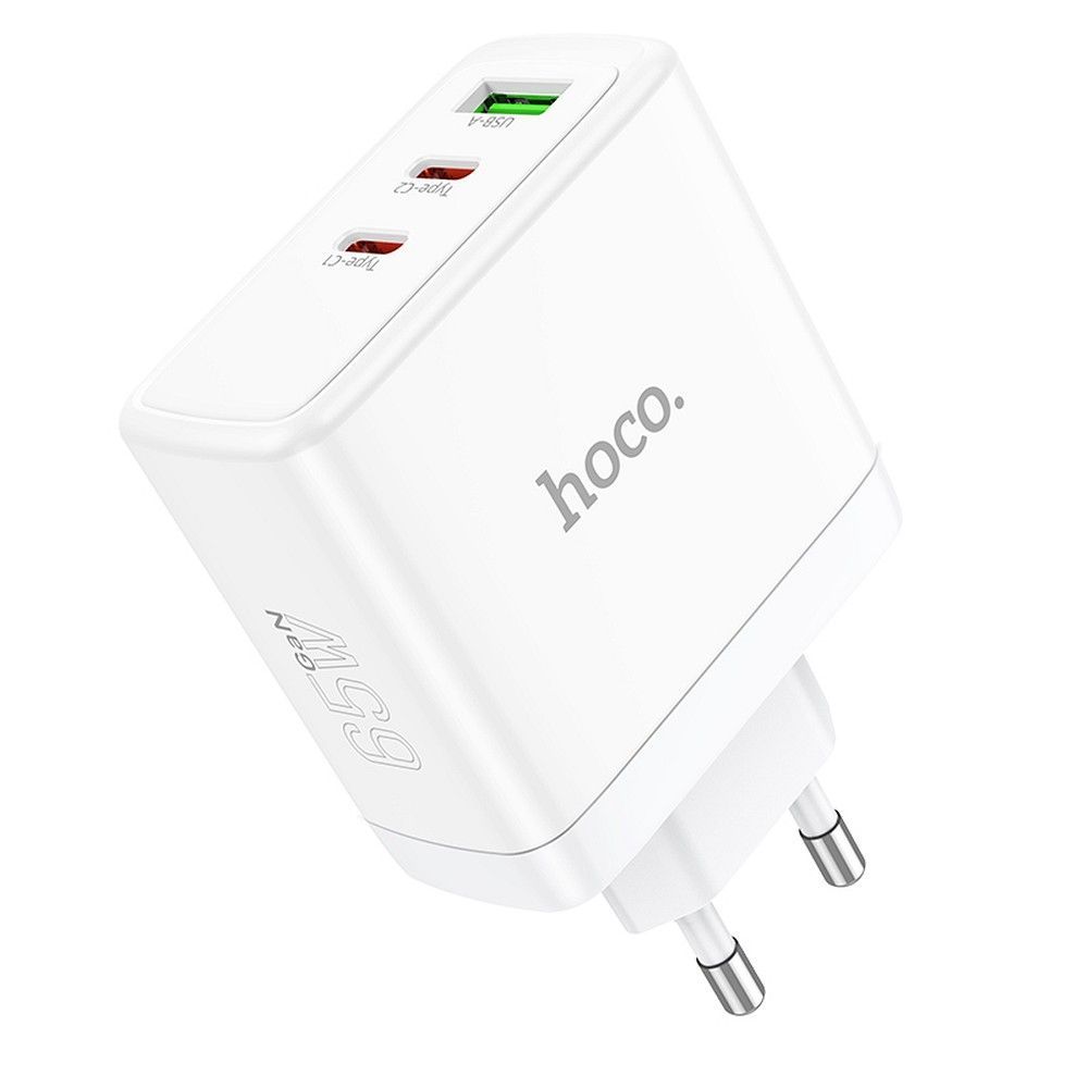 Phone charger Hoco 2 x USB C + USB A GaN QC PD 65W N30 white HOCO wall charger 2 x Type C + USB A QC PD 65W GaN N30 white - Image 1