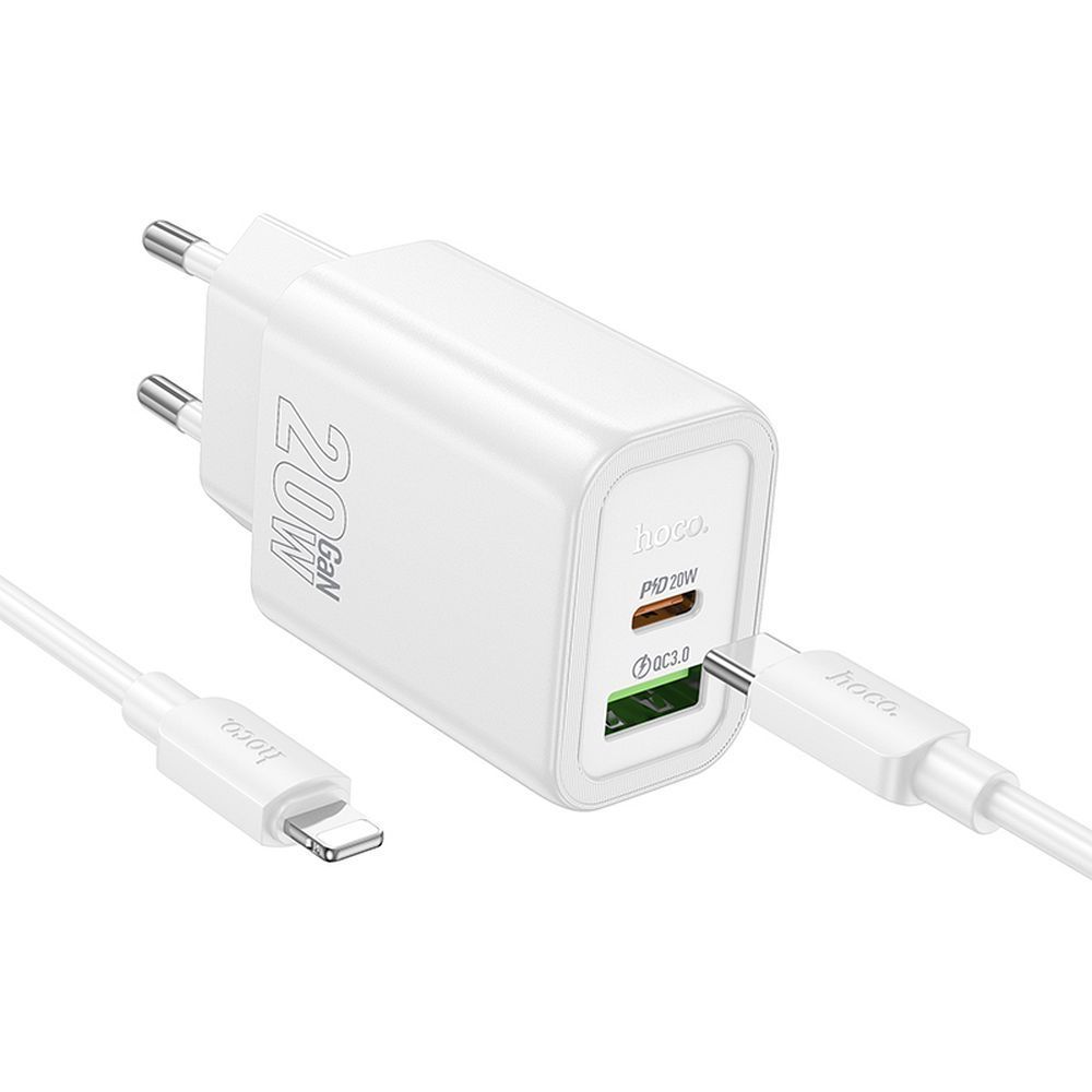 Phone charger Hoco USB A + USB C QC3.0 PD 3A 20W + cable USB C to Lightning N61 white HOCO wall charger USB A + Type C + cable Type C to Lightning PD QC3.0 3A 20W N61 white - Image 1