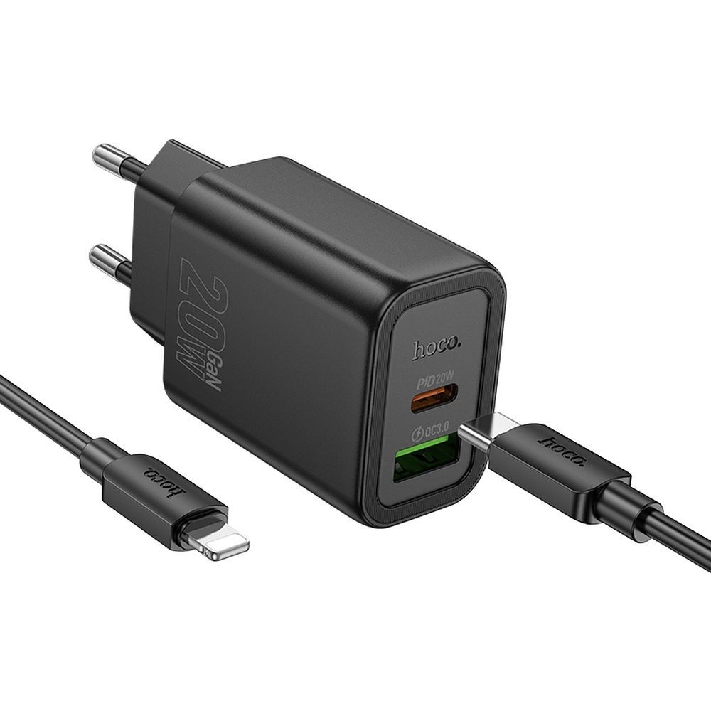HOCO wall charger USB A + Type C + cable Type C to Lightning PD QC3.0 3A 20W N61 black - Image 2