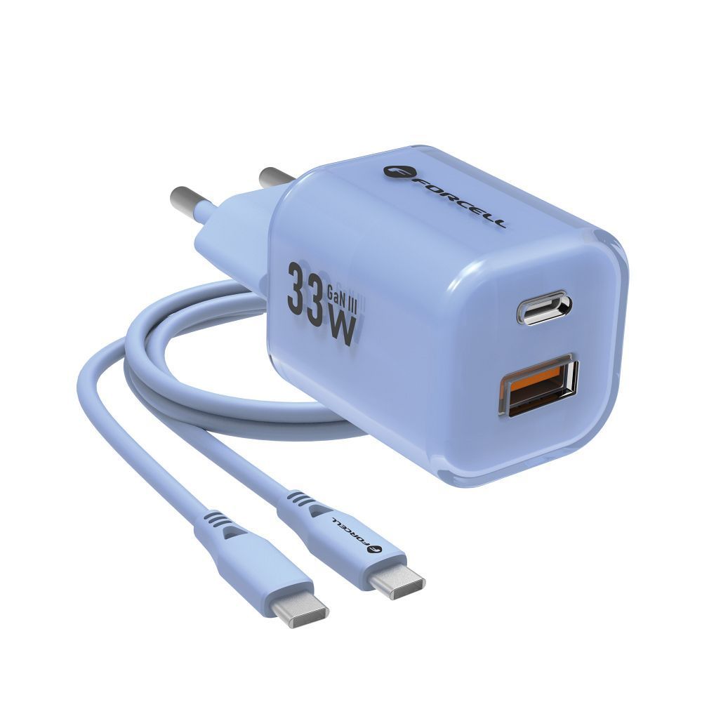 FORCELL F-ENERGY Crystal Color GaN III VT-41 travel charger with silicone cable with 1 x Type C + 1x USB A sockets, PD QC4.0 33W blue - Image 2