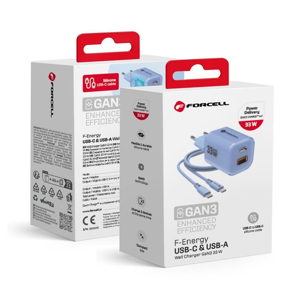 Phone charger Forcell F-Energy GaN III Crystal Color USB C + USB A QC4.0 PD 33W + silicone cable USB C to USB C VT-41 blue FORCELL F-ENERGY Crystal Color GaN III VT-41 travel charger with silicone cable with 1 x Type C + 1x USB A sockets, PD QC4.0 33W blue - Image 1