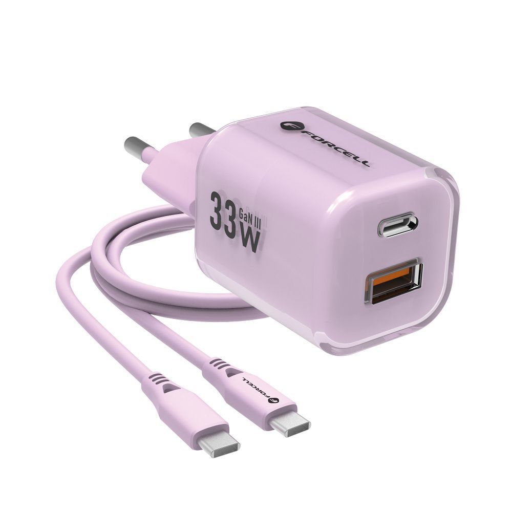 FORCELL F-ENERGY Crystal Color GaN III VT-41 travel charger with silicone cable with 1 x Type C + 1x USB A sockets, PD QC4.0 33W purple - Image 2