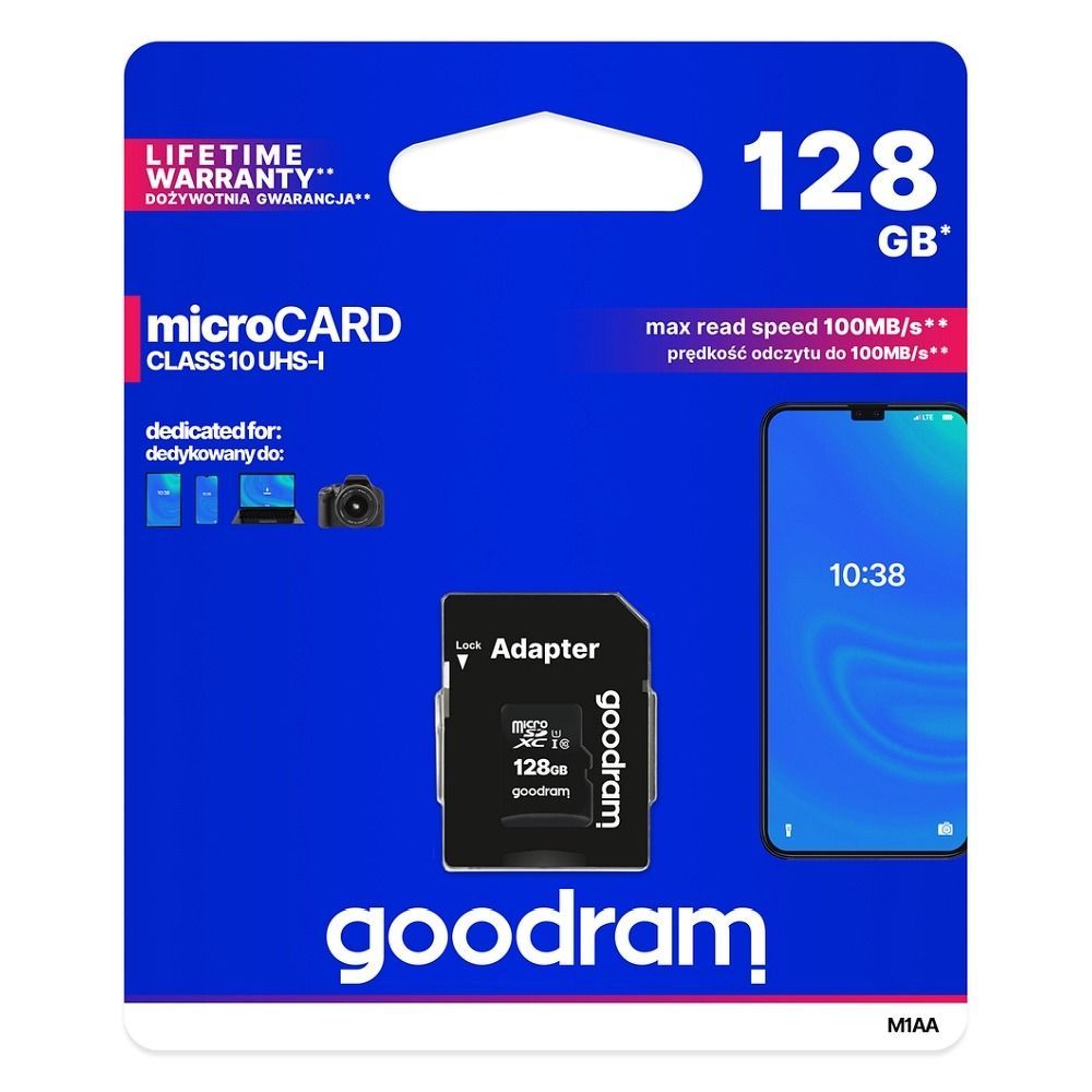 GOODRAM memory card microSD 128GB 100MB/s class 10 UHS I with adapter SD - Image 1
