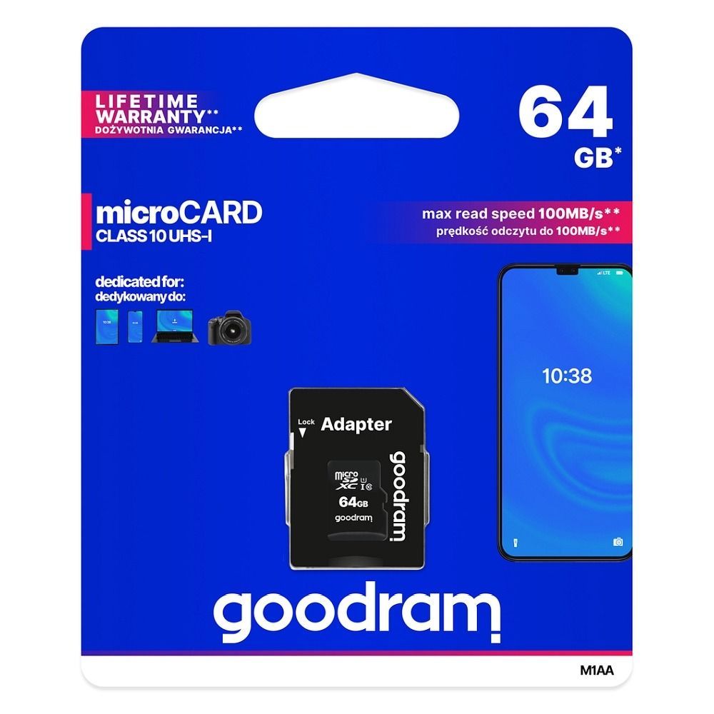 GOODRAM memory card microSD 64GB 100MB/s class 10 UHS I with adapter SD GOODRAM memory card microSD 64GB 100MB/s class 10 UHS I with adapter SD - Image 1