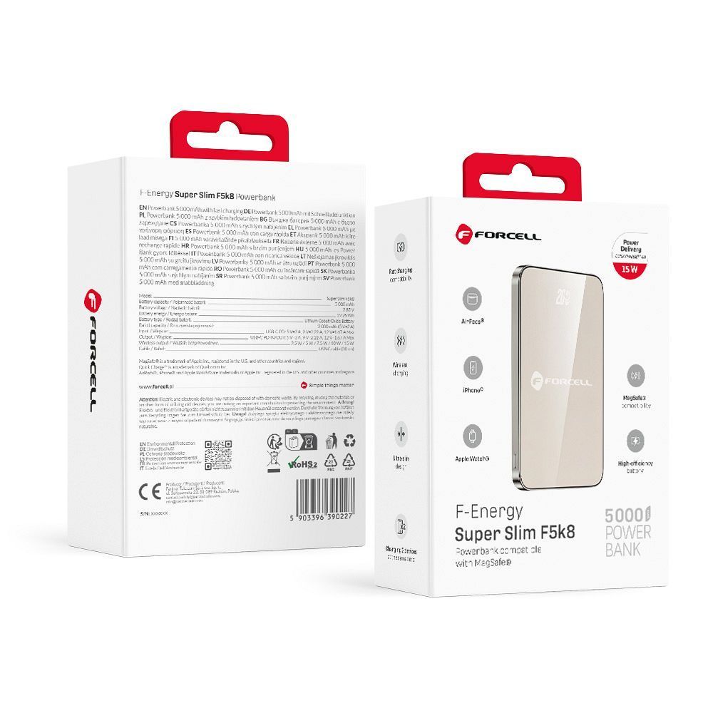 FORCELL F-ENERGY F5K8 Super Slim powerbank compatible with MagSafe PD3.0 QC4.0 15W 5000 mAh titanium dessert - Image 1