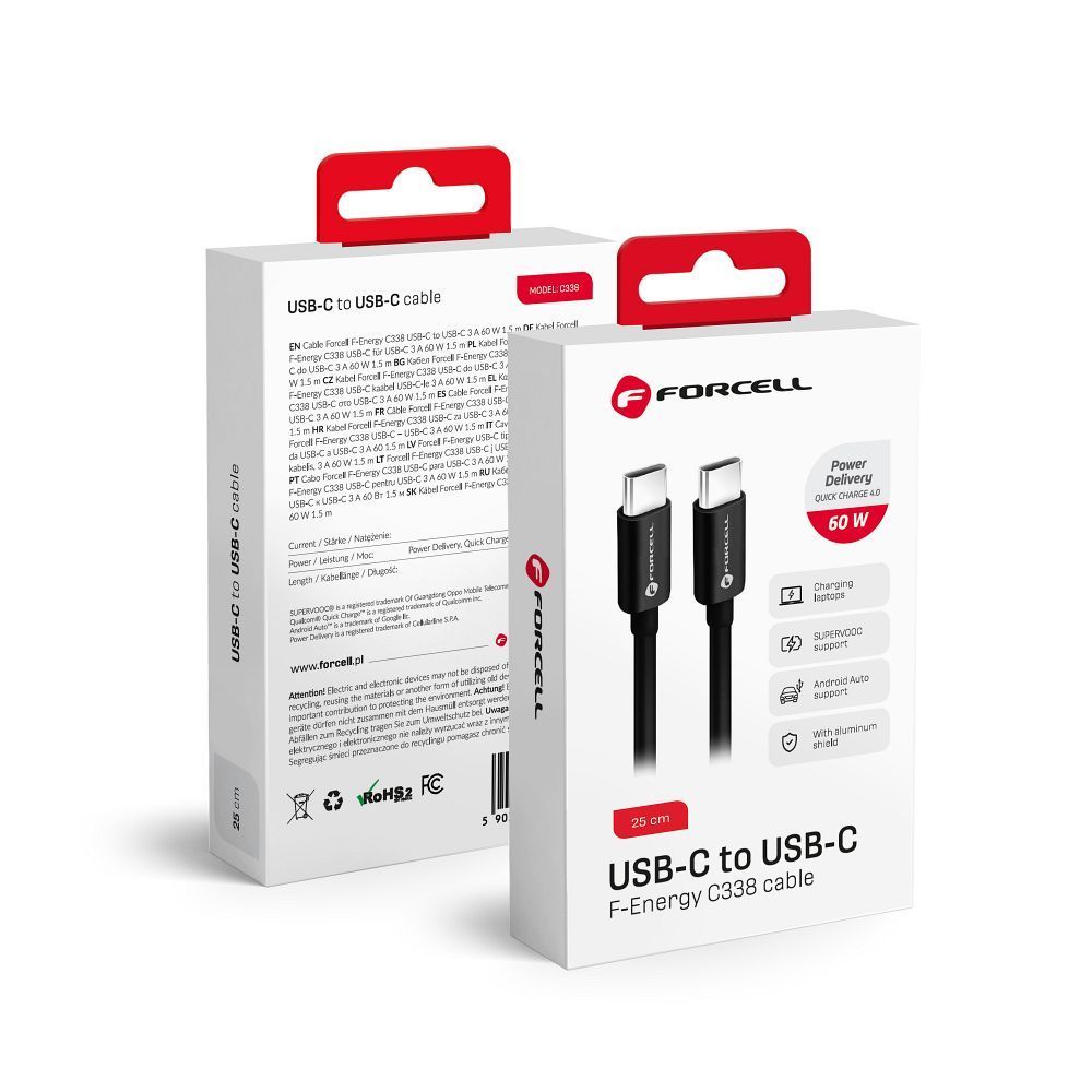 FORCELL F-ENERGY C338 cable Type C to Type C PD QC4.0 3A 60W 0,25 m black - Image 1