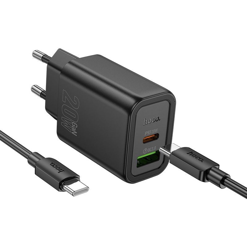 HOCO wall charger USB A + Type C + cable Type C to Type C PD QC3.0 3A 20W N61 black - Image 1