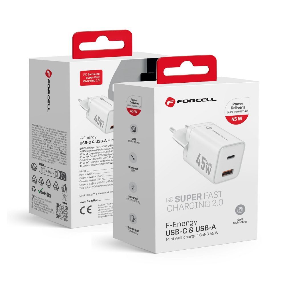 Phone charger Forcell F-Energy Mini GaN III USB C + USB A PD QC4.0 45W VT-36 white FORCELL F-ENERGY Mini GaN III VT-36 travel charger with 1 x Type C + 1x USB A sockets, PD QC4.0 45W white - Image 1