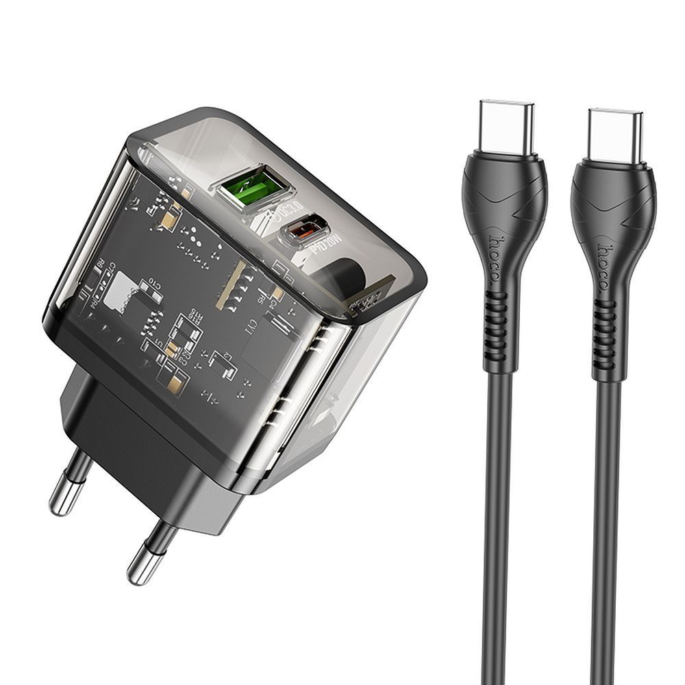 HOCO wall charger USB A + Type C + cable Type C to Type C PD QC3.0 3A 20W N34 transparnent - Image 1