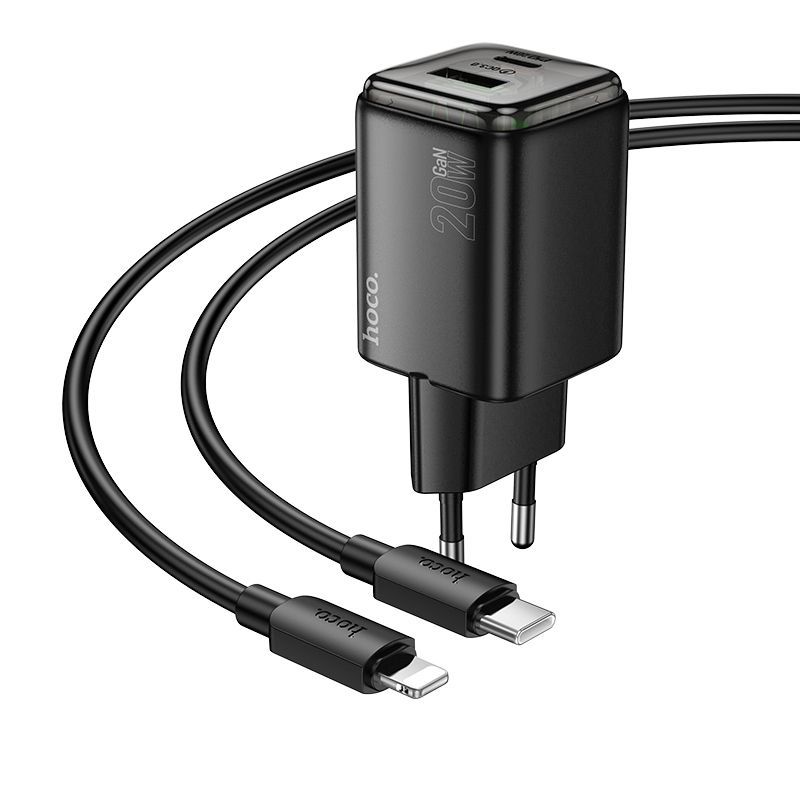 HOCO wall charger USB A + Type C + cable Type C to Lightning PD QC3.0 3A 20W N52 black - Image 2