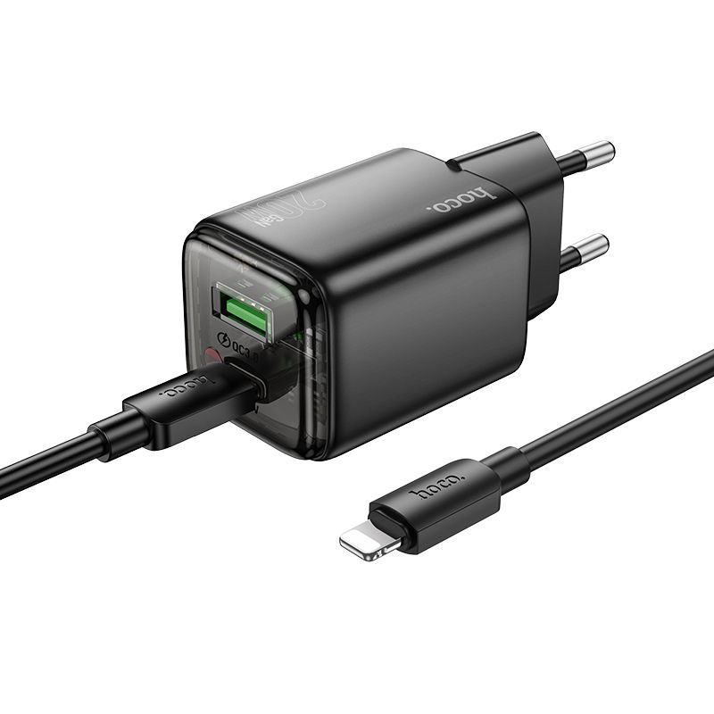 HOCO wall charger USB A + Type C + cable Type C to Lightning PD QC3.0 3A 20W N52 black - Image 1