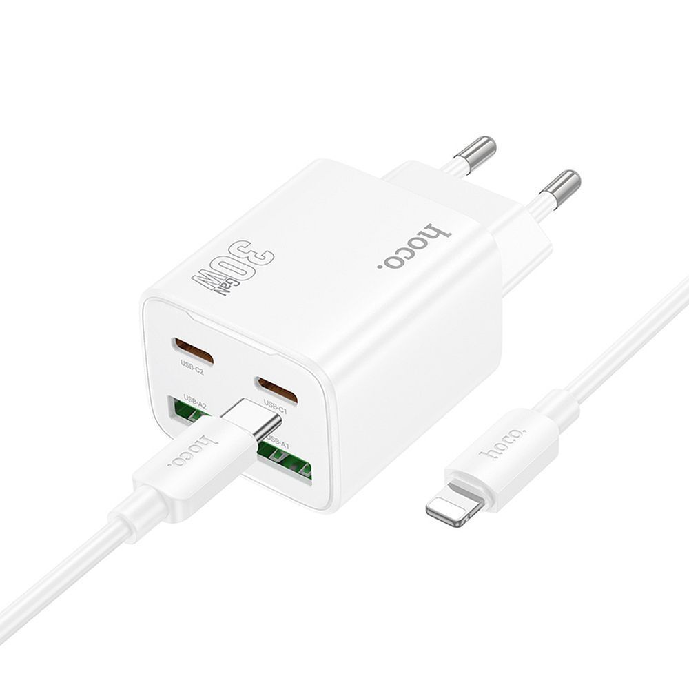 Phone charger Hoco 2 x USB C + 2 x USB A QC3.0 PD 3A 30W + cable USB C to Lightning N56 white HOCO charger 2 x Type C + 2 x USB A + cable Type C to Lightning PD QC3.0 3A 30W N56 white - Image 1