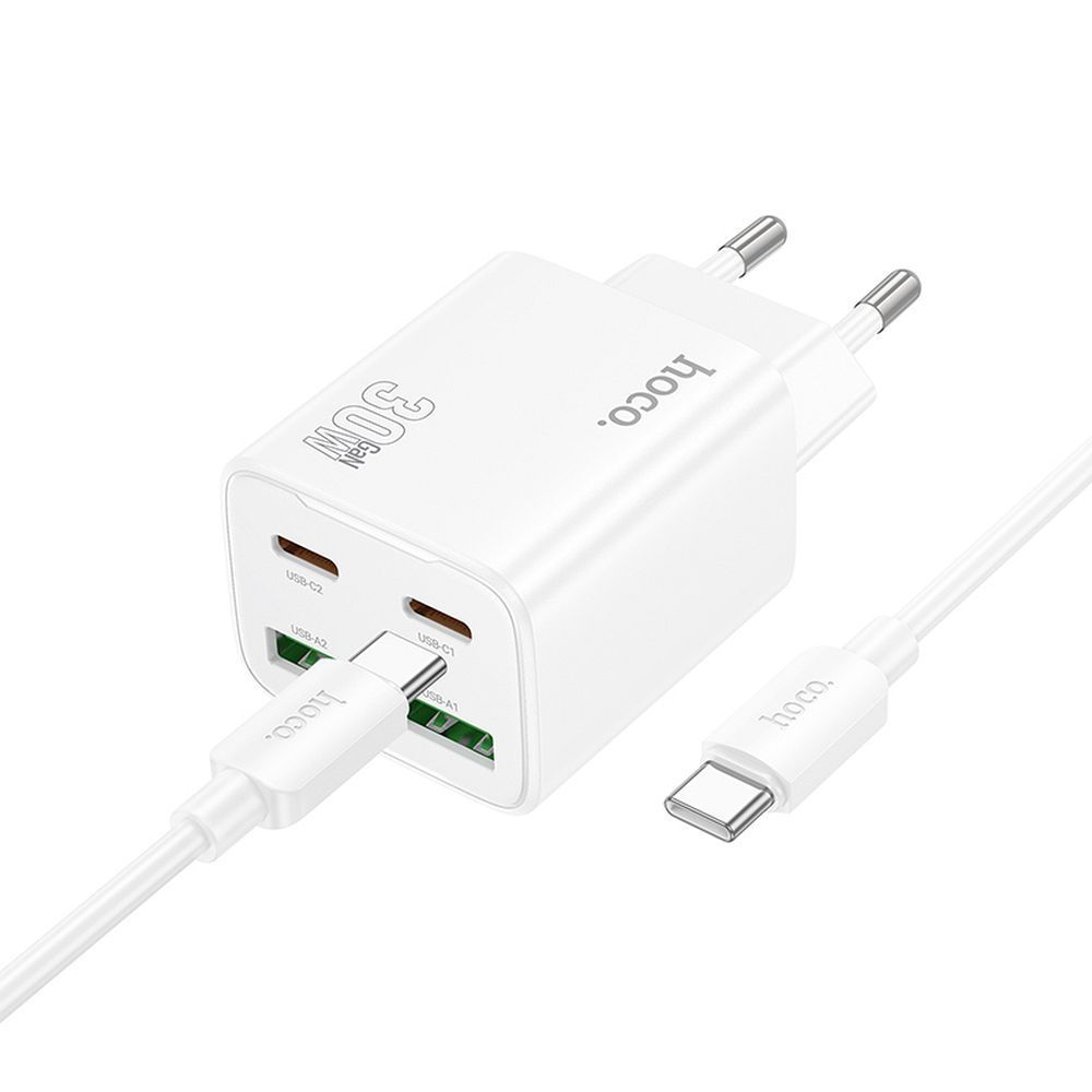 Phone charger Hoco 2 x USB C + 2 x USB A QC3.0 PD 3A 30W + cable USB C to USB C N56 white HOCO charger 2 x Type C + 2 x USB A + cable Type C to Type C PD QC3.0 3A 30W N56 white - Image 1