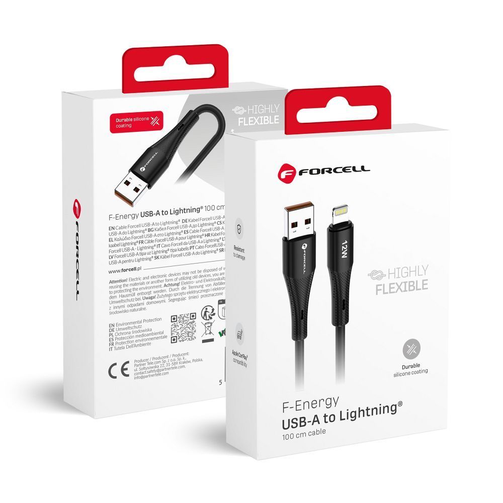 FORCELL F-ENERGY C343 cable USB A to Lightning 2,4A 12W Silicone 1 m black - Image 1