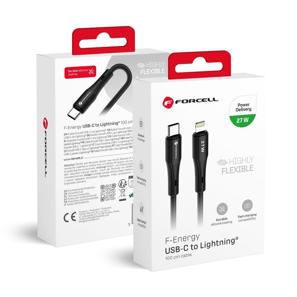 FORCELL F-ENERGY C346 cable Type C to Lightning PD 3A 27W Silicone 1 m black - Image 1