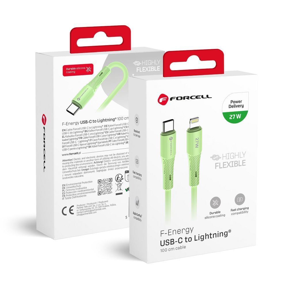 Cable USB C to Lightning Forcell F-Energy PD 3A 27W Silicone 1 m C346 green FORCELL F-ENERGY C346 cable Type C to Lightning PD 3A 27W Silicone 1 m green - Image 1