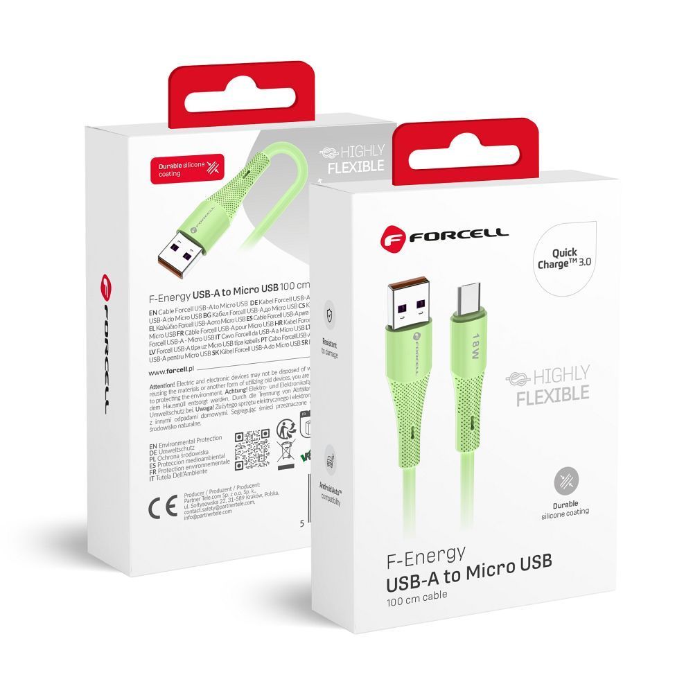 FORCELL F-ENERGY C341 cable USB A to Micro USB QC3.0 2,4A 18W Silicone 1 m green - Image 1