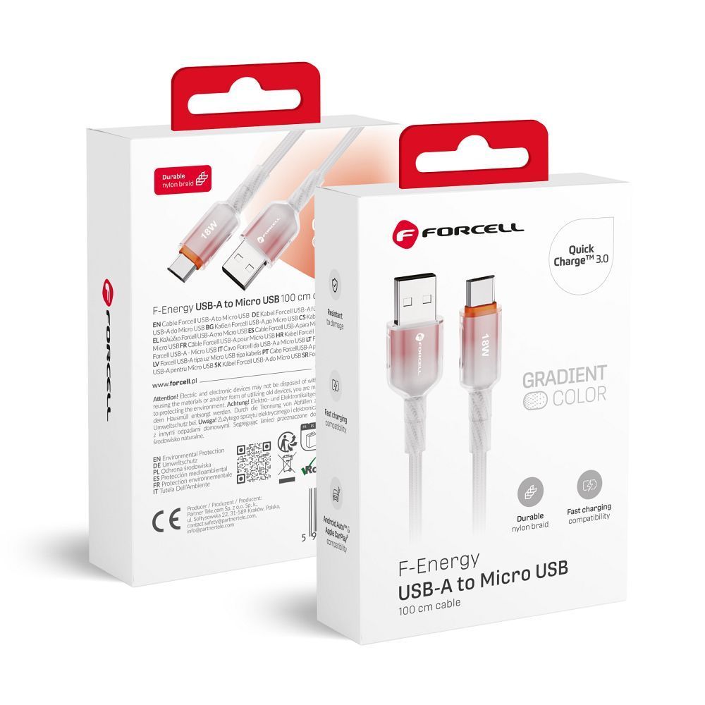 FORCELL F-ENERGY C351 cable USB A to Micro USB QC3.0 2,4A 18W Gradient 1 m white - Image 1