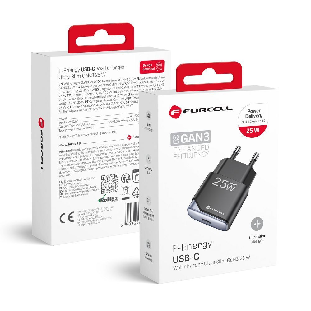 FORCELL F-ENERGY GaN III B125101-E Ultra Slim travel charger 1 x Type C + USB A PD QC4.0 3A 25W black - Image 1