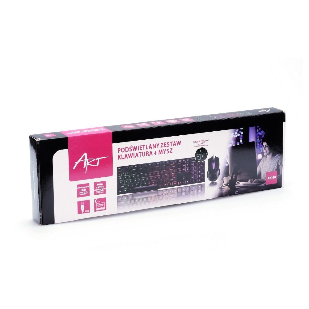 ART set wire keyboard USB A QWERTY with light + wire mouse USB A with light AK-50 black - Image 2