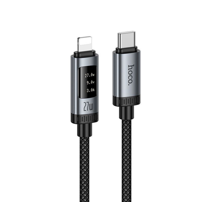 Data Cable with digital display USB C to Lightning Hoco PD 27W 1,2 m U148 black - Image 1
