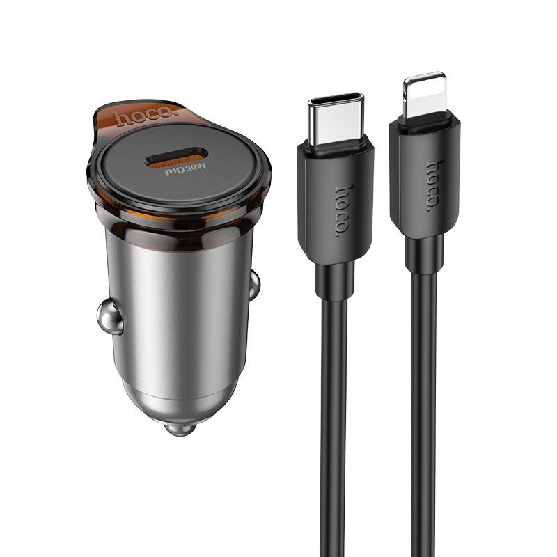 Car charger Hoco USB C QC PD 30W + cable USB C to Lightning NZ16 metal gray Car charger Hoco USB C QC PD 30W + cable USB C to Lightning NZ16 metal gray - Image 1