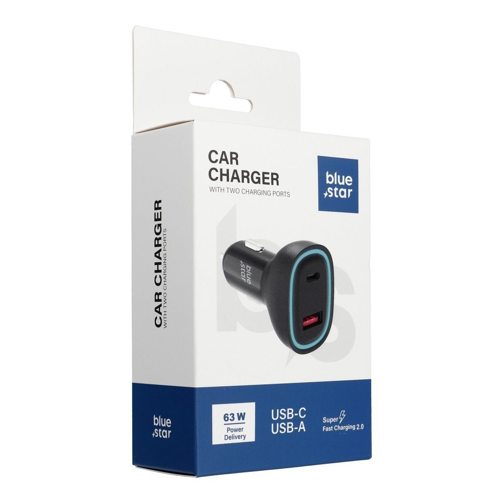 BLUE STAR car charger 3A 63W Type C + USB A PD QC3.0 AFC PPS SFC2.0 black - Image 1