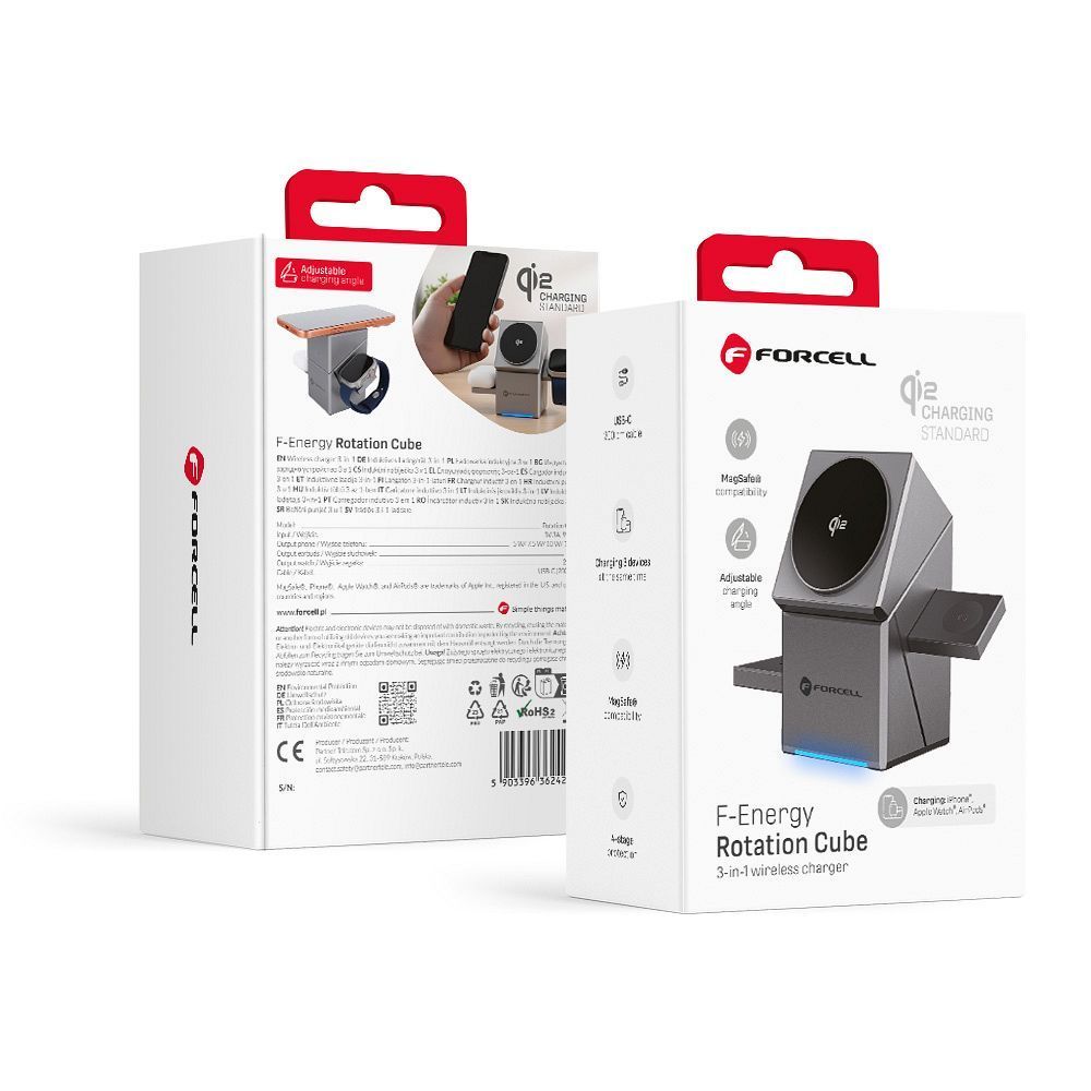 Wireless charger Forcell F-Energy 3in1 Rotation Cube Qi2 compatible with MagSafe (F-06) silver Wireless charger Forcell F-Energy 3in1 Rotation Cube Qi2 compatible with MagSafe (F-06) silver - Image 1