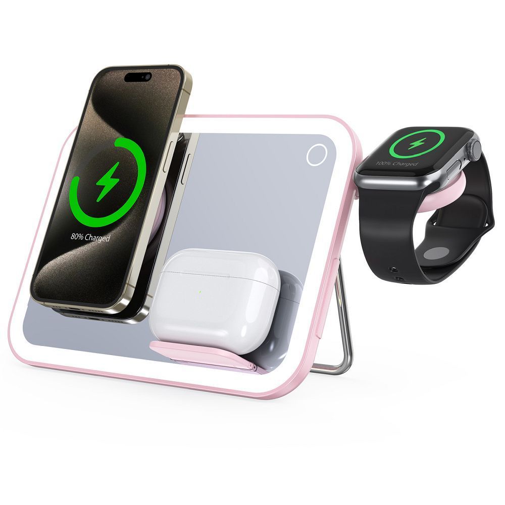 FORCELL F-ENERGY Mag Mirror 15W 3 in 1 wireless charger compatible with MagSafe / Apple Watch / Samsung Watch / Airpods pink - Image 2